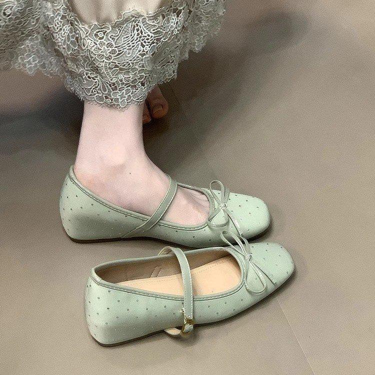 French Niche Square Head Bow Ballet Shoes Women's Autumn 2025 New Inner Height Increase Shallow Mouth One-word Strap Single Shoes
