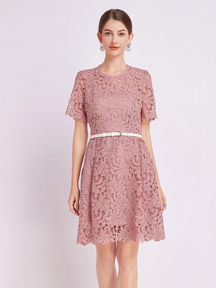 

Romantic Solid Color Embroidery Lace Short Dresses Short Sleeve for Women Elegant Round Neck Short Sleeve Hollow out Mini Dress M рожевий