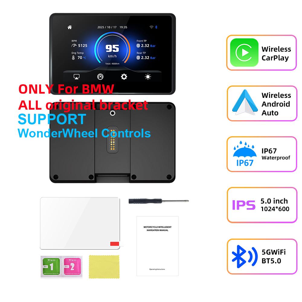 EKIY 5 Inch Motorcycle GPS Navigation CarPlay Android Auto Screen Mirroring Screen For BMW Wonder Wheel Controls Moto Monitor