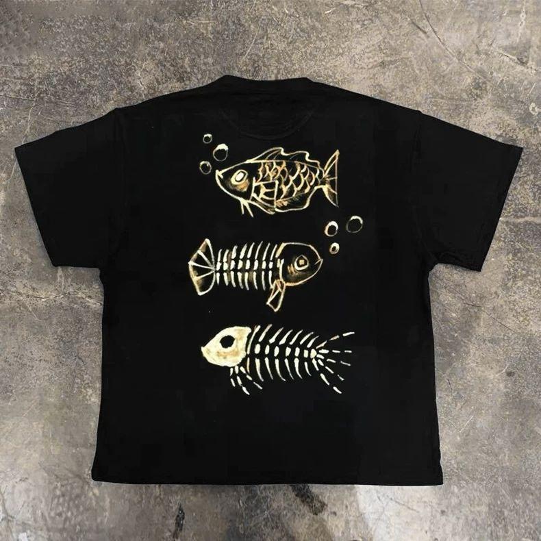 Creative Fish Bone Printed Pure Cotton T-shirt Men and Women with The Same Round Neck Cotton Short-sleeved T-shirt Funny Clothes