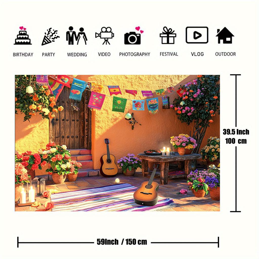 Une pièce de tissu de fond sur le thème du carnaval mexicain, une guitare, des bannières colorées et des pots de fleurs conviennent aux célébrations.
