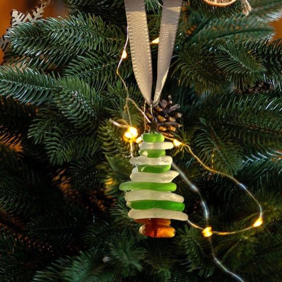Sea Glass Christmas Tree Ornament Sea Glass Tree Resin Craft Ocean Beach Xmas Hanging Ornament for Home Collection Holiday Decoration