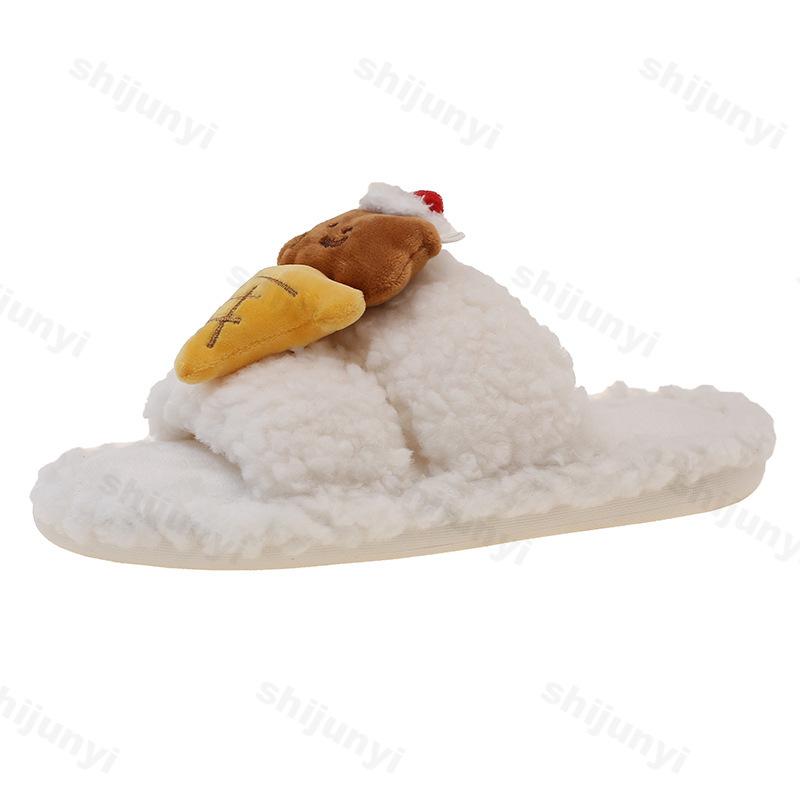 Fashion Cute Cartoon One Word Slippers Women's Autumn Winter Warm Non Slip Casual Plush Shoes Lightweight Comfortable Indoor Home Shoes