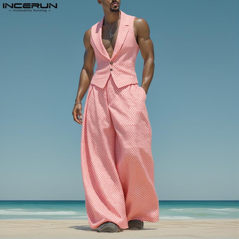 INCERUN Men Outfits Polka Dots Print Sleeveless Tops Long Pants Casual Sets