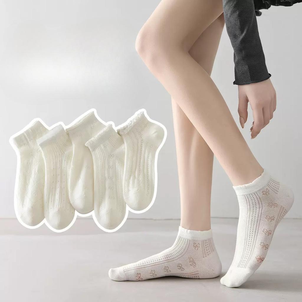 Ballet-style Lace Solid Color Short Socks, Combed Cotton Breathable and Comfortable Short Women's Socks, Simple Mesh Hollowed-out Bow