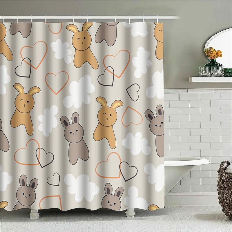 Adorable Rabbit Heart Shower Curtain Modern Bathroom Decor, Waterproof Fabric For Kids Bathing Room 72 X 72 Inches