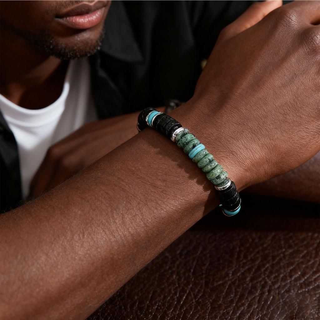 Bohemian Black Agate Beaded Bracelet for Men,Eiastic Green Stone Bead Bracelets,Handmade Stacking Stretch Bracelets Gift