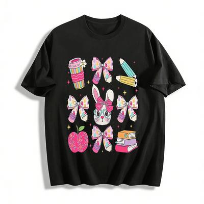 Cute Rabbit Bow Print Top Kids Campus Style Casual T-Shirt Pure Cotton T-shirt