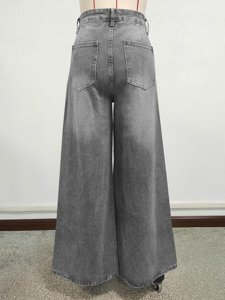Washed Grey Ripped Wide-Leg Floor-Length Jeans for Women - Loose Casual Fit
