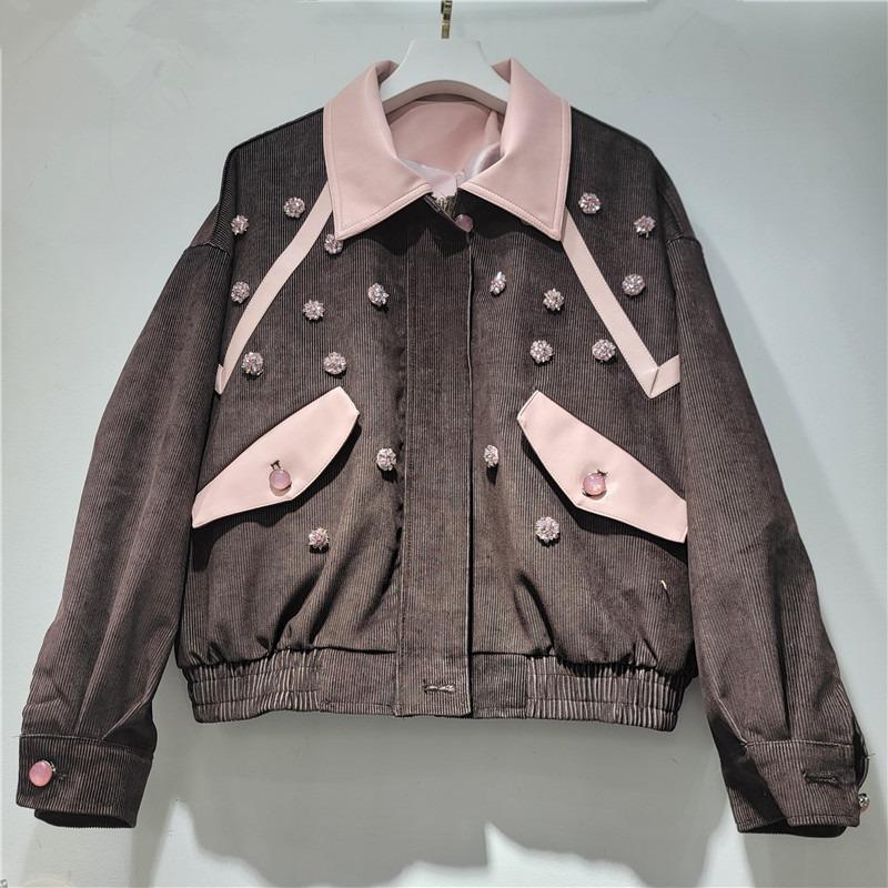 Trendige Retro-Kontrastfarben-Patchwork-Graue Cordjacke Damen, Neuer Trendiger Mode-Mantel