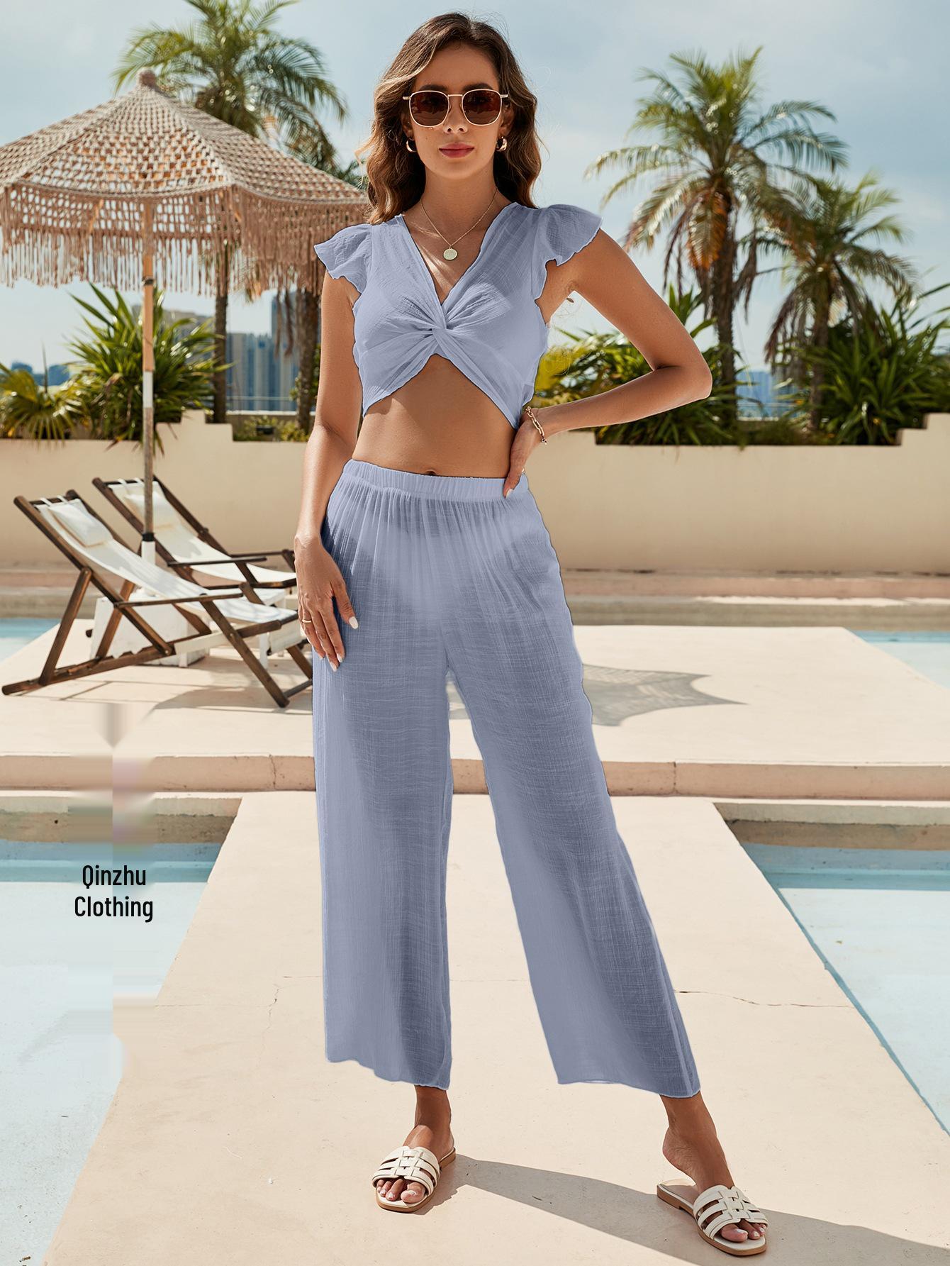 

Женский комплект бикини с высокой талией и накидкой из двух частей - Пляжная одежда с защитой от солнца L светло-синий