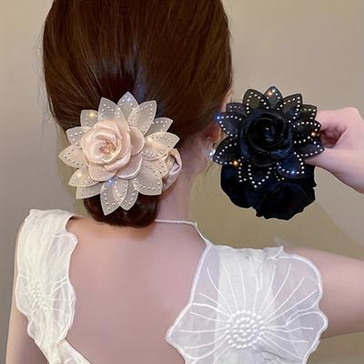 Elegant Camellia Rhinestone Scrunchie, Mesh Rose High Elastic Hair Tie, Soft and Hair-friendly for Daily Wear