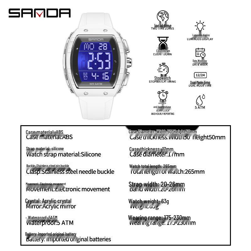 SANDA Men's Multifunctional Barrel-Shaped Sports Watch - Waterproof & Fashionable with Single Display Timing