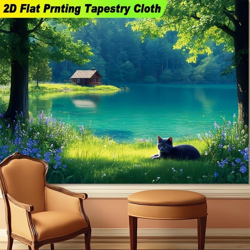 Forest Lake Cat Flower Photography Background Tapestry Living Room Office Polyester Fiber Wall Decoration 100X70CM