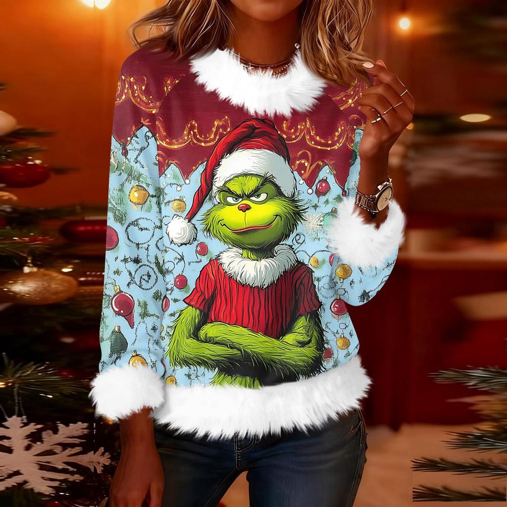 Women's Fashionable Christmas Printed Round Neck Long Sleeved Casual Pullover T-shirt Top