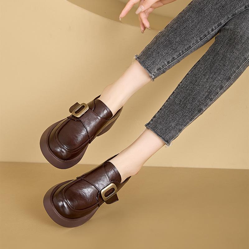 Thick-soled Leather Women's Spring Shallow Mouth Single Shoes Women's New Casual Retro Small Leather Shoes Women