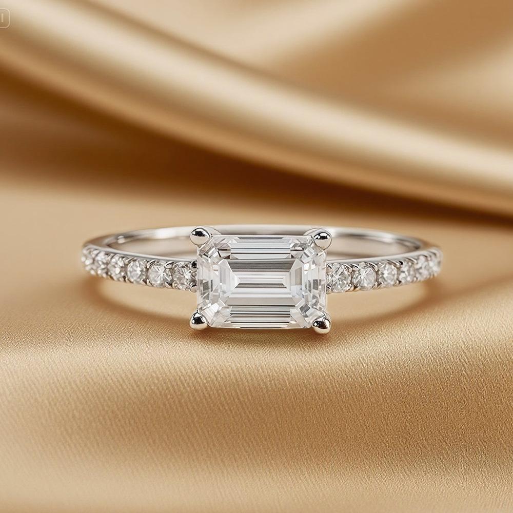 4x6mm Emerald Cut Moissanite Ring Set for Women CopperSparkling Stackable Row Ring Party Wedding Bands Jewelry