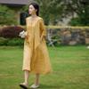 Rochie de Înaltă Calitate din In cu Broderie, Decolteu în V, Culoare Uni Artistică și Mâneci Trei Sferturi Largi
