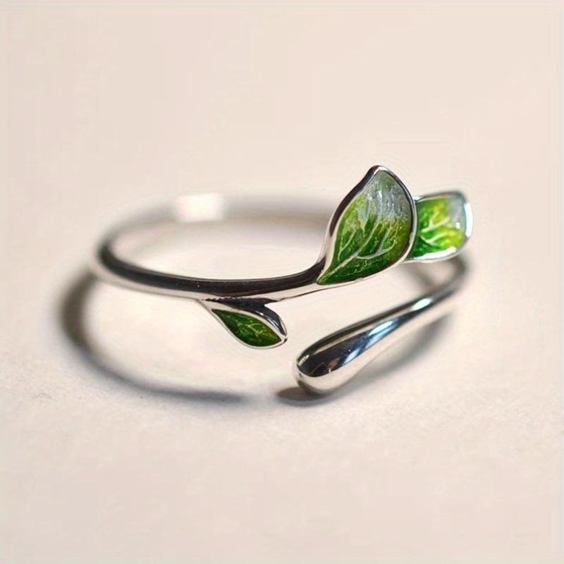 Caoshi Novel Design Female Green Leaf Ring With Sliver Color Lovely Daily Finger Accessory Aesthetic Women' S Party Jewelry Gift
