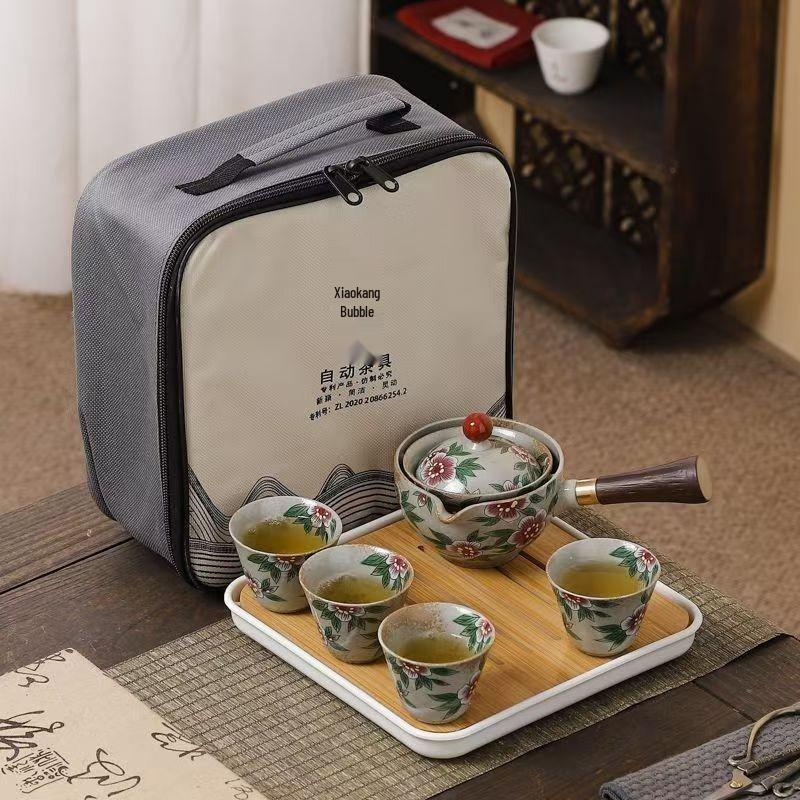 Portable Ceramic Kung Fu Tea Set with Bag – Includes One Pot, Four Cups, and Side Handle for Outdoor or Car Use