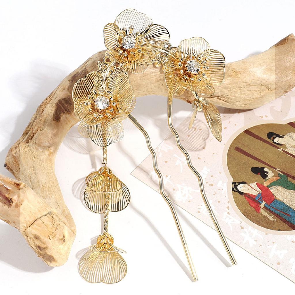 1PC New Chinese, Golden, Flower, Tassel, Hairpin, U-Shape Rhinestones, Chinese Style, Premium Feeling, Super Fairy, Hairpin, Tem