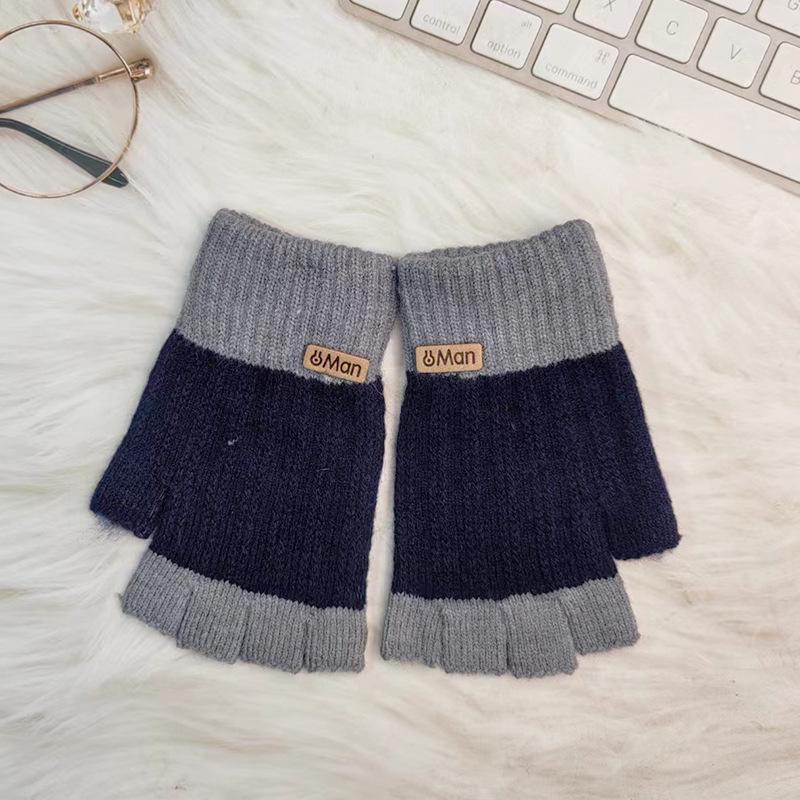 

Мужские зимние теплые вязаные шерстяные перчатки без пальцев для письма и езды на велосипеде MAN logo темно-синий