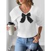 Tops Women's Autumn and Winter Lapel Bow Patchwork Pullover Sweater