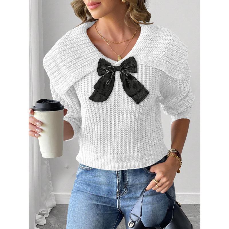 Tops Women's Autumn and Winter Lapel Bow Patchwork Pullover Sweater