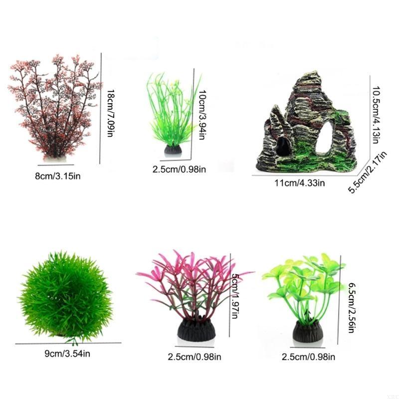 Fishtanks Scene Decoration with 7Pieces Artificial Fishtanks Plastic Plant and Cave Rock Aquariums Landscaping Coral Grass X3UC