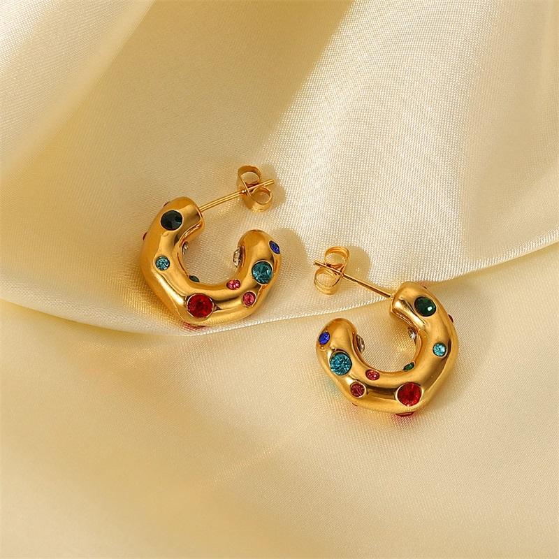 Stainless Steel Earrings Irregular C Shape Ear Studs Gold Plated Colored Zircon Jewelry For Women Simple Fashion Jewelry Gif