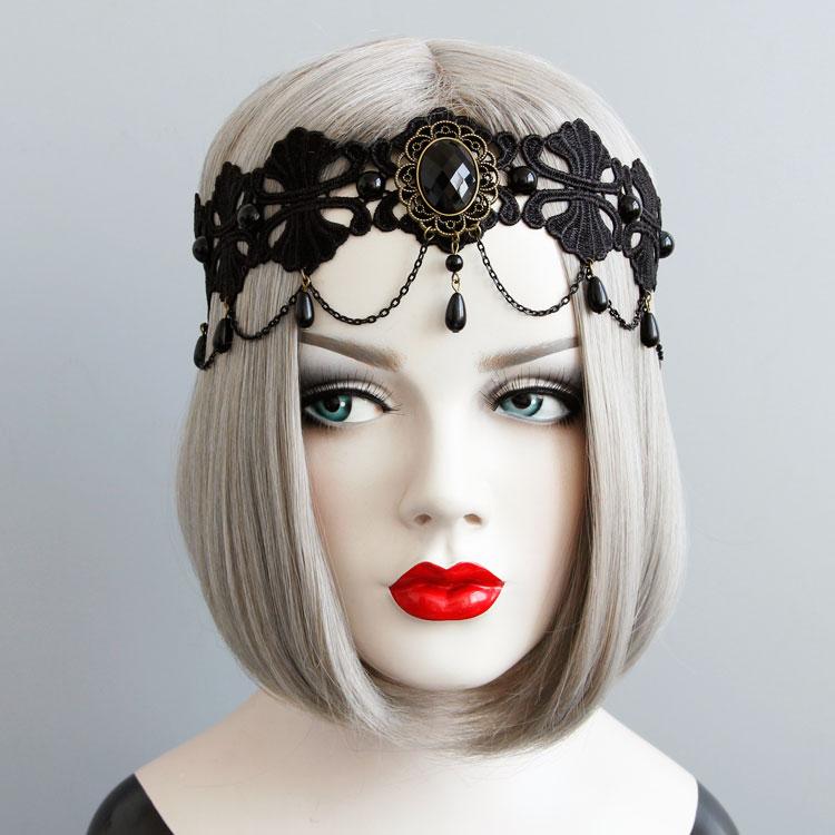 Beads Black Hairbands For Women Girls Neo-Gothic Flower Lace Tiara Headdress Female Halloween Party Fashion Noble Jewelry