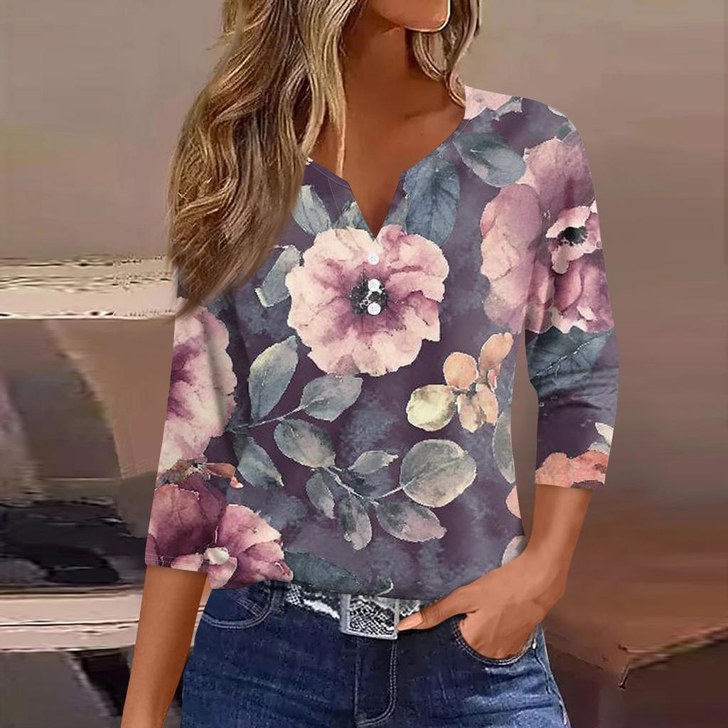 Women's Fashion Casual Floral Print V-Neck Decorative Button Three-quarter Sleeve T-Shirt Top