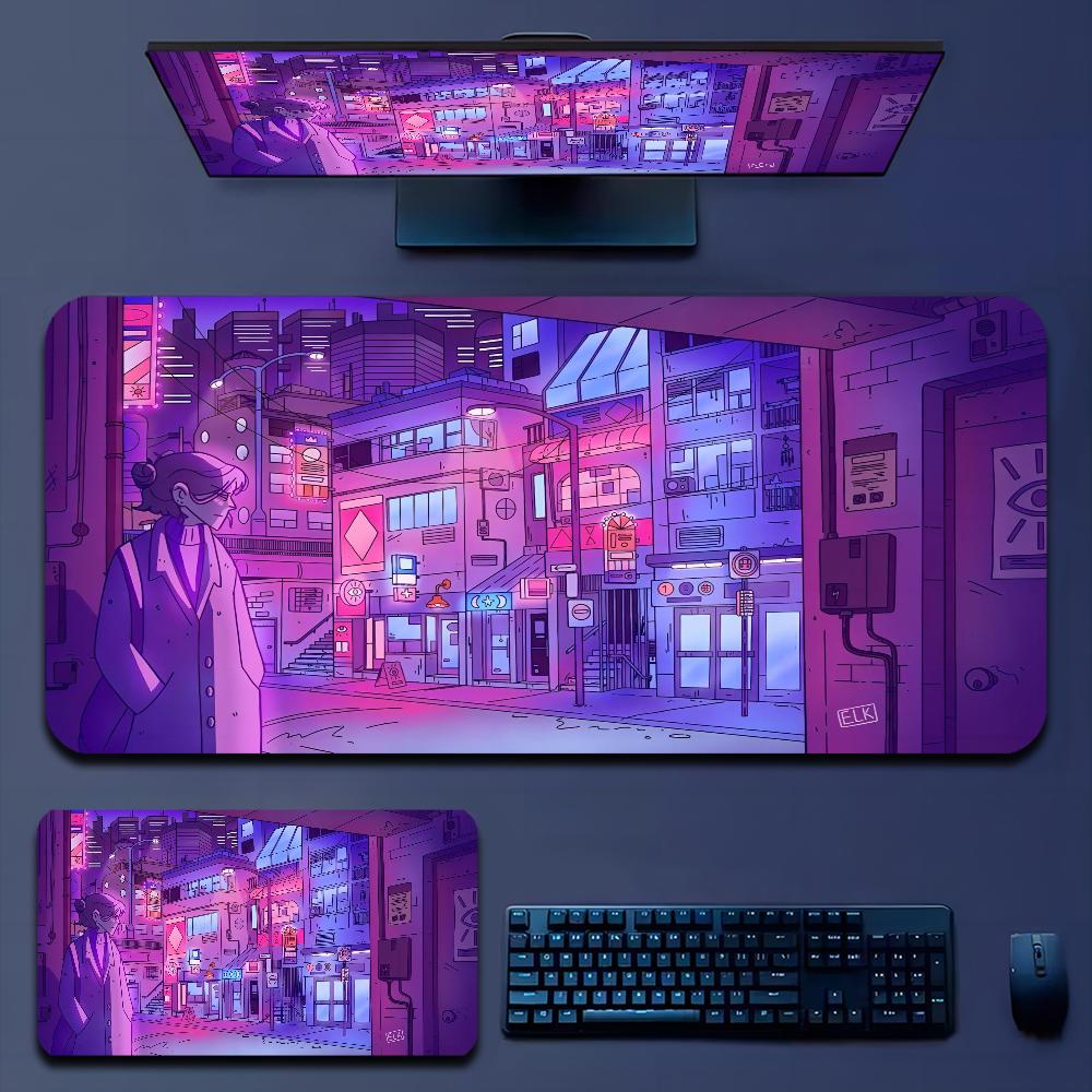 Japan Aesthetics Purple Neon City In Stocked Laptop Gaming Mice Mousepad Size for large Edge Locking Game Keyboard Pad