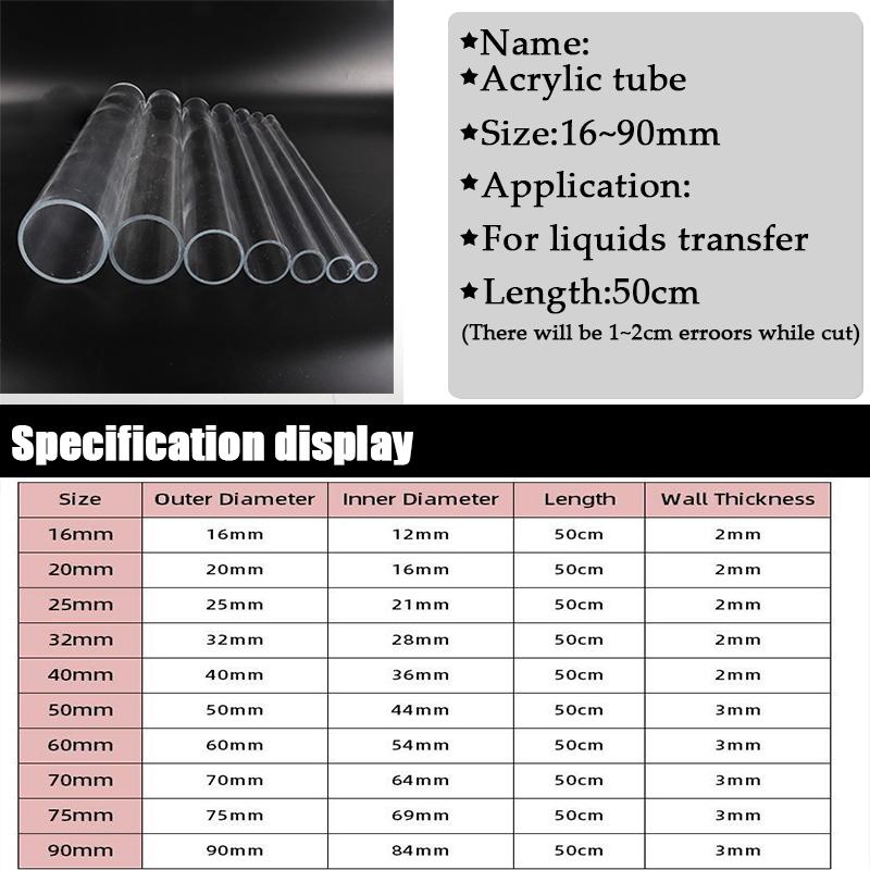2Pcs O.D 16~60mm Transparent Acrylic Tube Aquarium Fish Tank Supplies Plexiglass Water Supply Pipe Garden Watering Fittings 50CM
