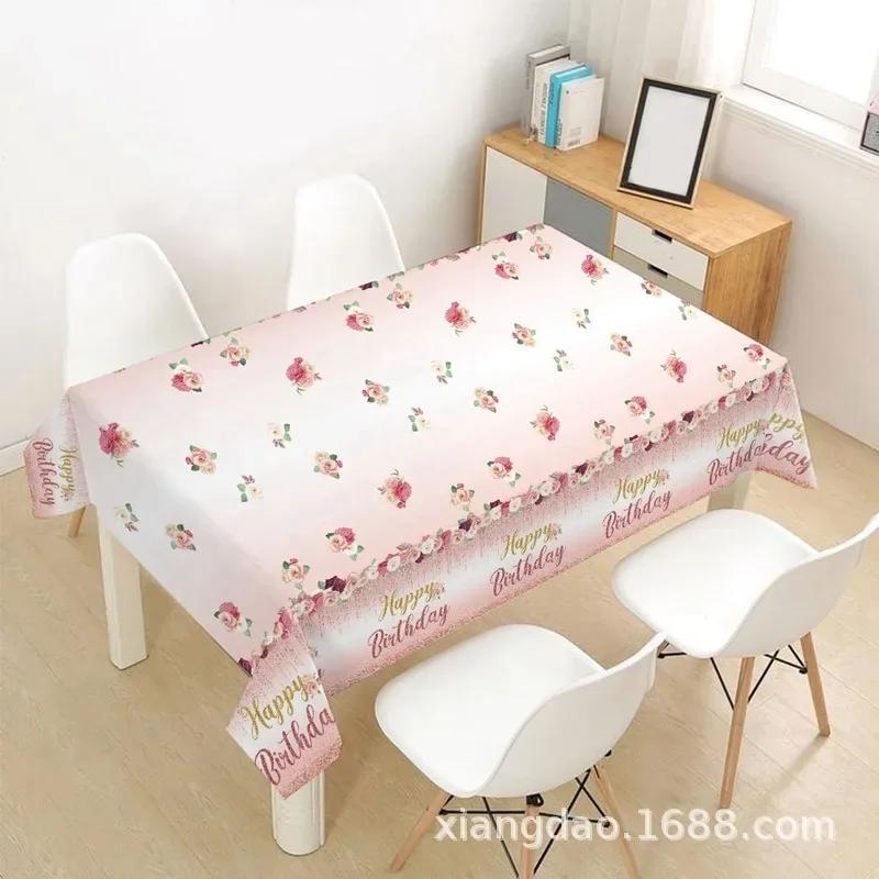 Rose Gold Birthday Tablecloth Pink Rose Flower Gold Happy Birthday Table Cover Happy Girls Princess Birthday Party Supplies