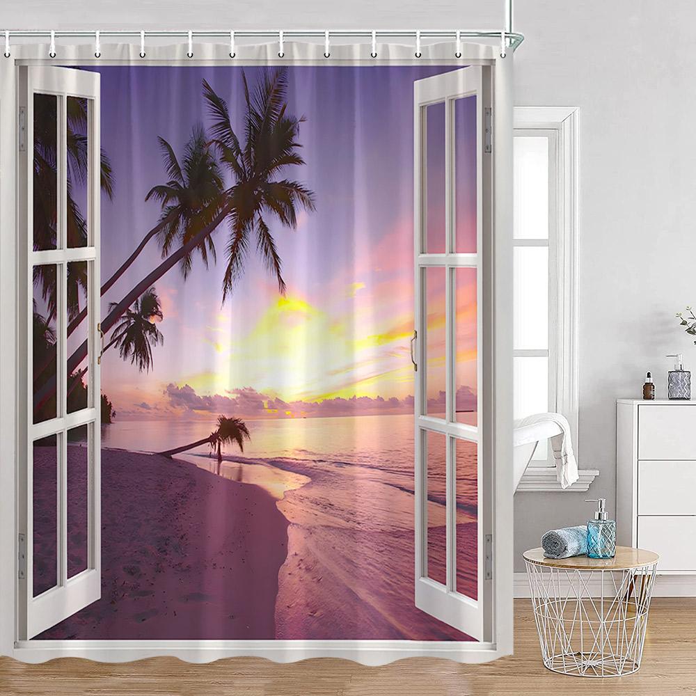 Coastal Shower Curtain Open Window View Of The Sky Clouds Rising Sun Seascape Grass Morning Scenery Bathroom Decor Set With Hook