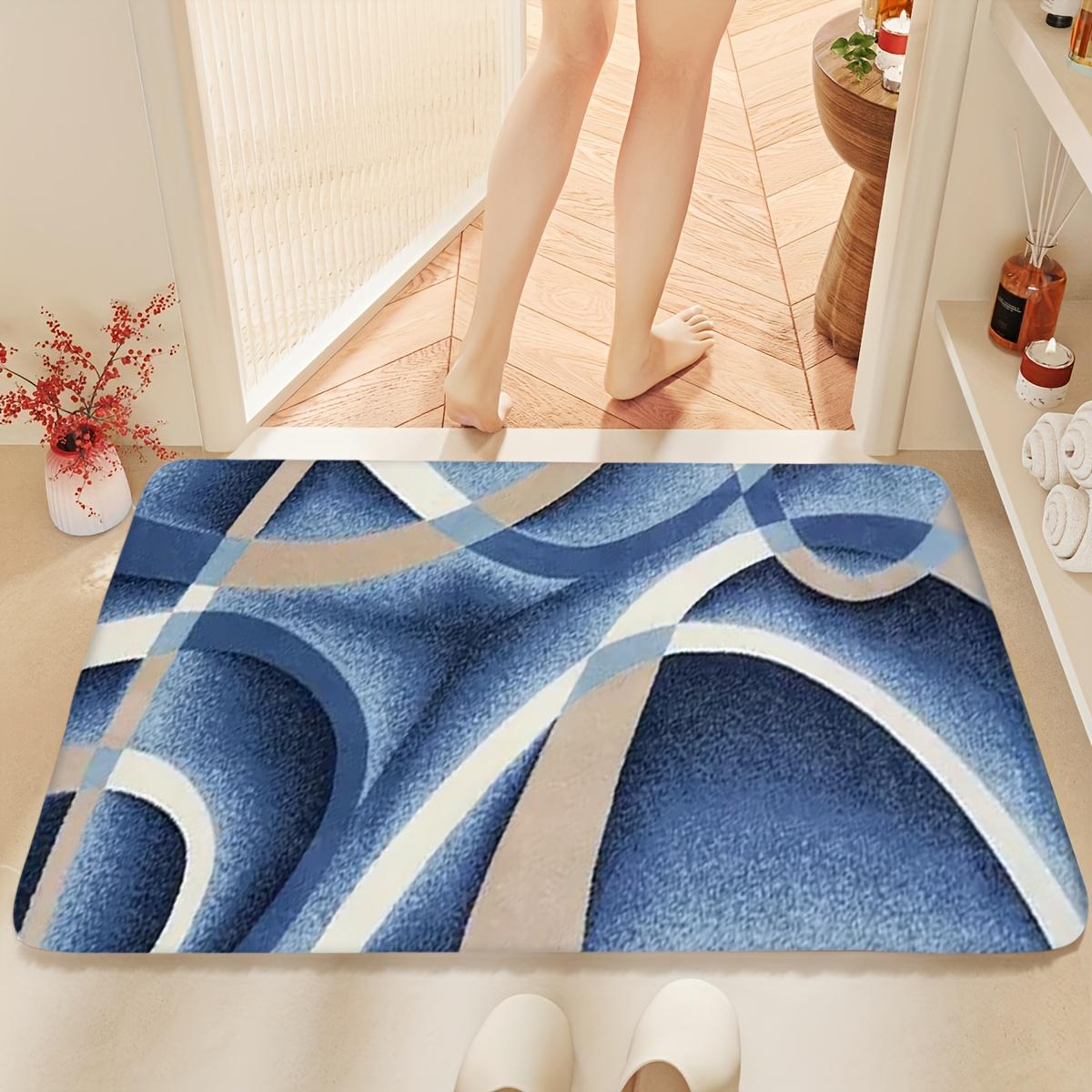 

Abstract Wave Pattern Printed Flannel Bath Mat With Blue Beige And White Design Soft Non Slip Rug For Bathroom Or Home Decor 40x60cm