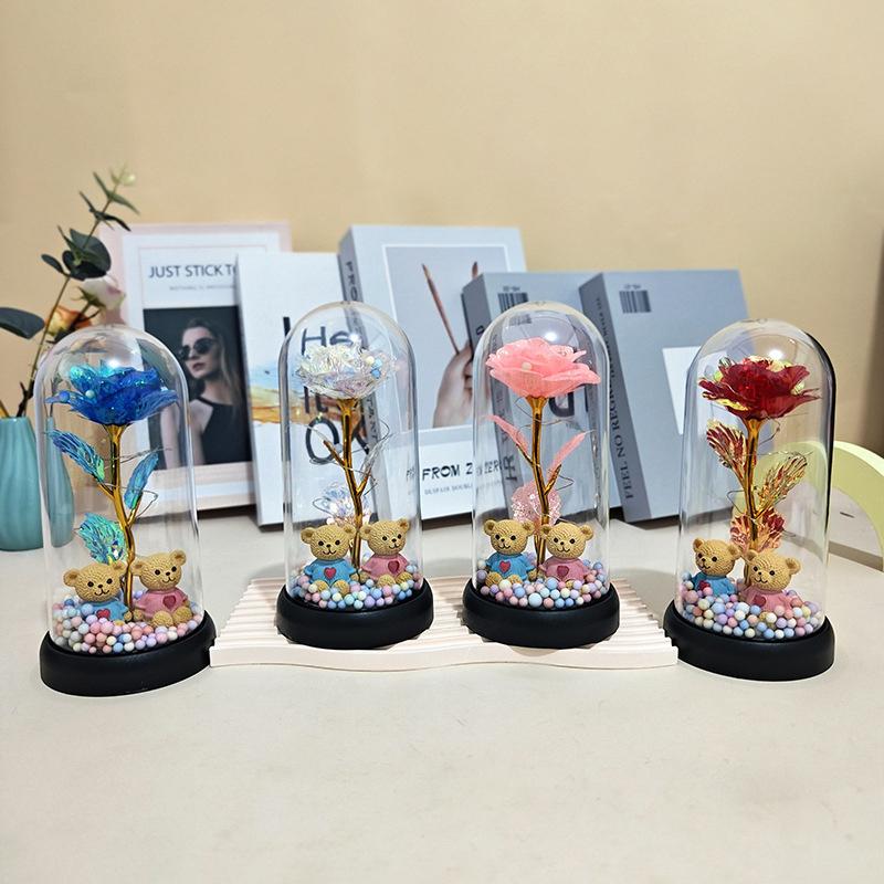 Eternal Flower Glass Lamp Plastic Cover Night Light Rose Simulation Flower With Bear Valentine Day Gift For Girlfriend