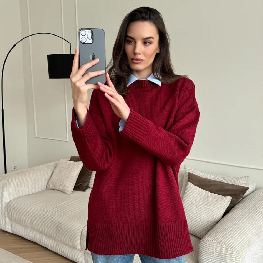 Crew neck pullover sweater, European & American 2025 autumn/winter slit solid color knit sweater, versatile warm casual sweater for women