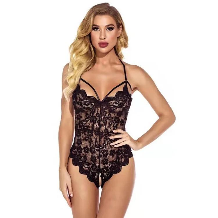 Woman Bodysuit Open Crotch One Piece Underwear Sexy Lingerie Lace Transparent Teddies Catsuit Body Stockings Exotic Apparel