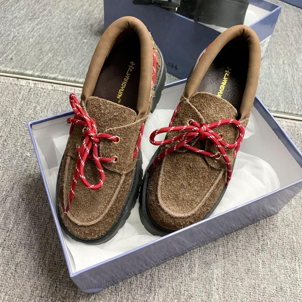 Spot second hair! Fashion versatile new miu retro matte cowhide lace-up thick-soled thick-heeled loafers women's autumn