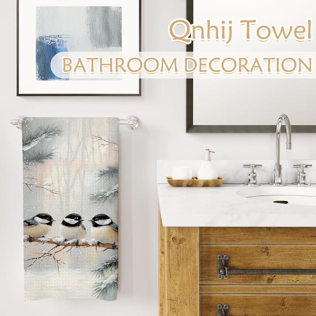 Winter Chickadee Bird Kitchen Towels, Bird Lovers Gifts for Women Men, Rustic Cottagecore Birds Decorative Hand Towels for Bathroom, Winter Kitchen