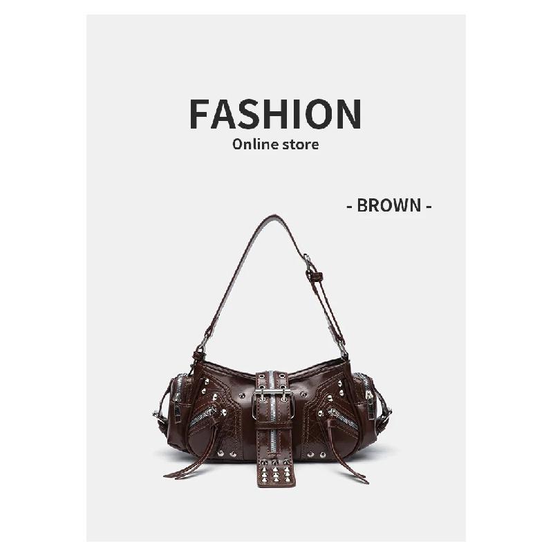 Women's Y2k Punk Vintage Shoulder Purse PU Leather Gothic Rivet Handbag Waist Bag Luxury Black Cross Body Bags with Spikes