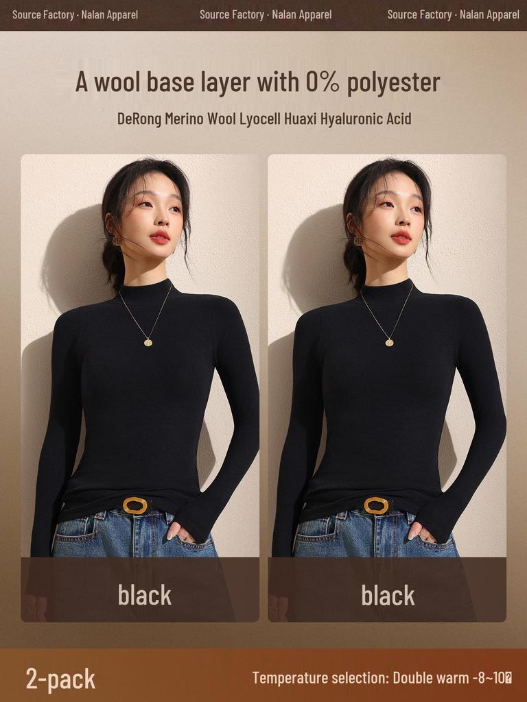 Women's Black Fleece-Lined Half-High Neck Base Layer Knit Top - Thickened Long Sleeve for Autumn/Winter 2026