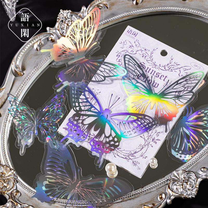 Holographic Butterfly PET Stickers - 10pcs Rainbow Laser Decals for Journal & Scrapbooking