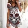 Summer Fashion Women's V Neck Short Sleeve Artistic Pattern Printed  Dress Sex Short Skirt Dresses