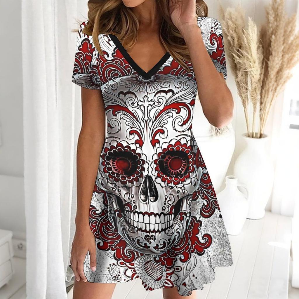 Summer Fashion Women's V Neck Short Sleeve Artistic Pattern Printed Dress Sex Short Skirt Dresses
