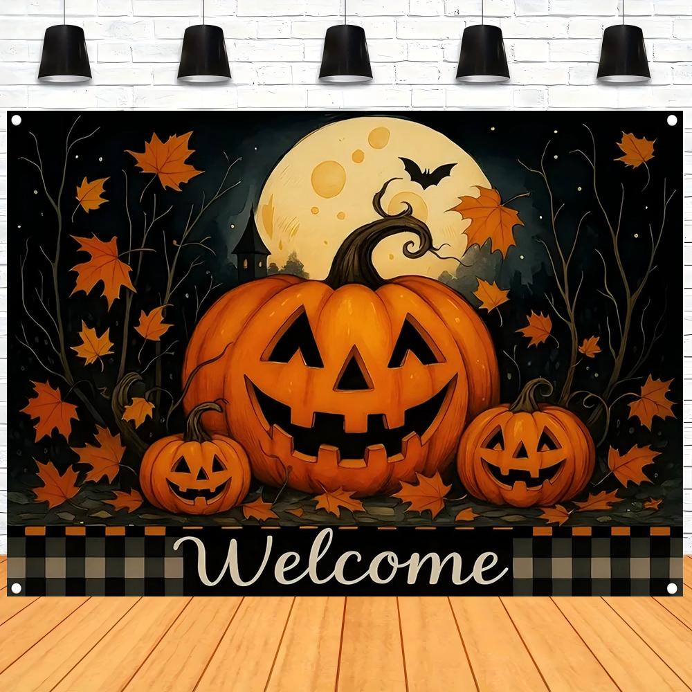 1pc Halloween Background Cloth Banner - Gothic horror durable polyester background cloth featuring skull clown witch pumpkin