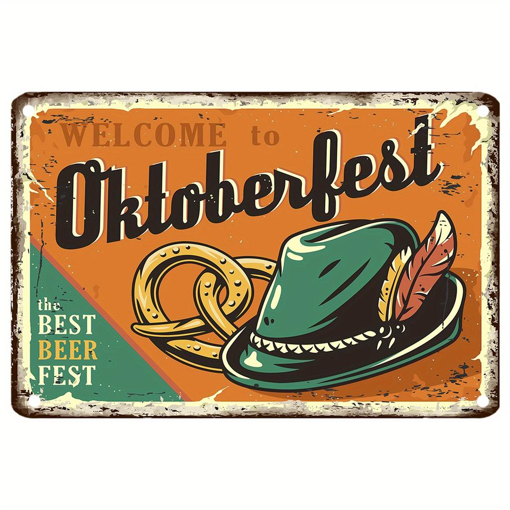 Cartello in Metallo Vintage Oktoberfest Decorazione Rustica per Festival della Birra con Cappello Verde Design a Forma di Bretzel Perfetto per Bar Locande o Bed & Breakfast