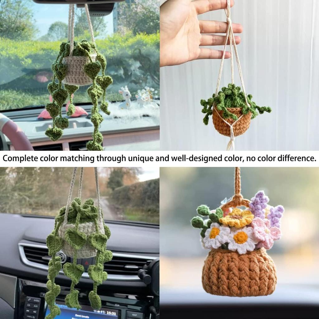 Zipelo Car Rear View Mirror Accessories, Crochet Cute Potted Plants Hanging Handmade Knitted Decor for Women Men, Woven Cute Charms Ornament Pendant,